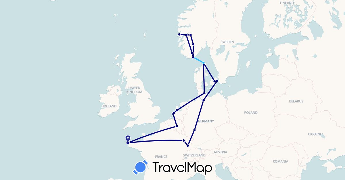 TravelMap itinerary: driving, boat in Belgium, Germany, Denmark, France, Netherlands, Norway (Europe)